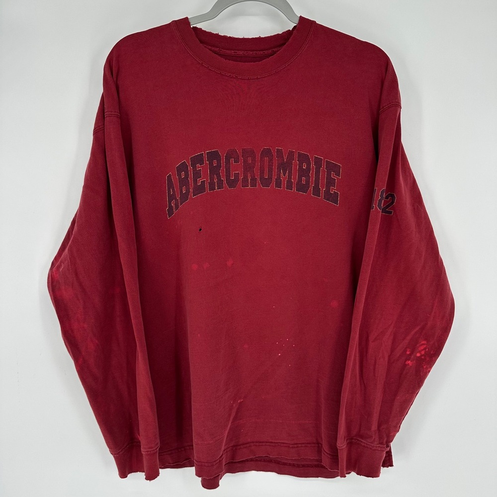 Vintage Abercrombie & Fitch Mens Long Sleeve Distressed T-Shirt Burgundy Red L